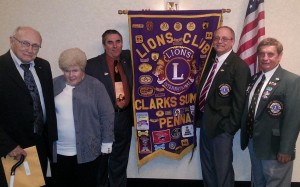 District Governors from Abington Lions Club include Ed Klovensky, Ethel Neary, Mark Kusma, Current District Governor Joe Skinner, and Ed Borek (not pictured).  At right is First Vice District Governor Gene Sciliotti 